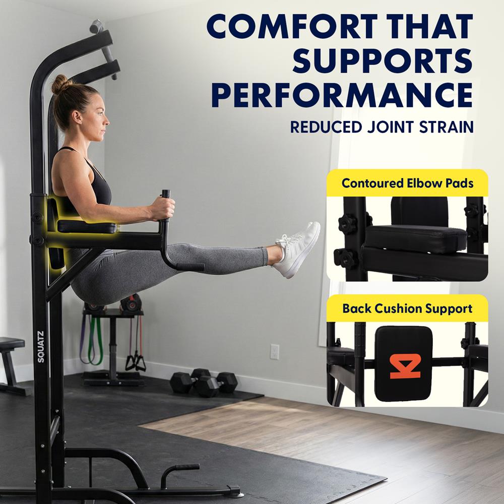 Squatz Power Tower Pull Up Workout Station With 6 Adjustable Height Levels And 330 Lbs. Weight Capacity For Home Gym & Strength Training (Black)