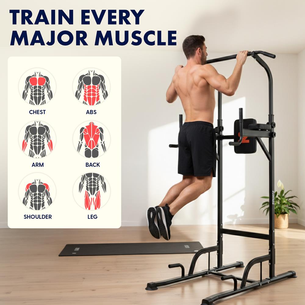 Squatz Power Tower Pull Up Workout Station With 6 Adjustable Height Levels And 330 Lbs. Weight Capacity For Home Gym & Strength Training (Black)