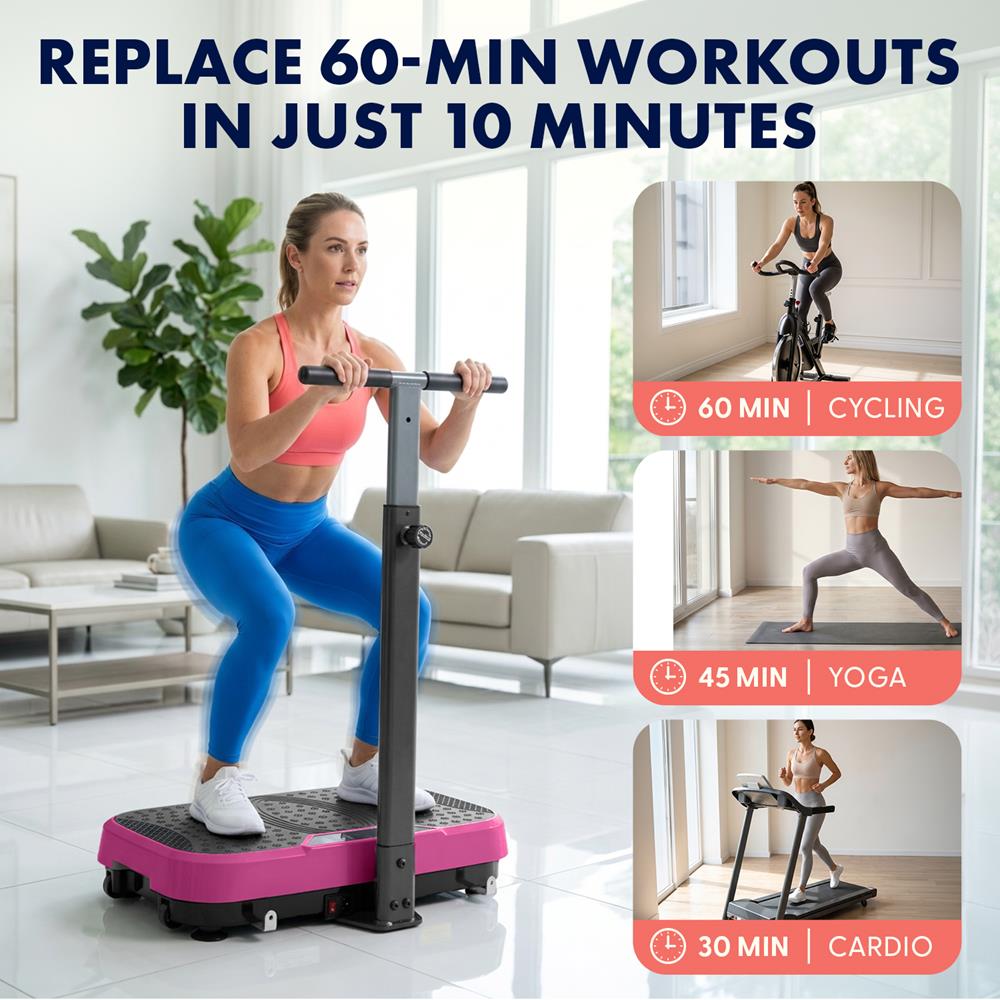 Hurtle Vibration Plate With Handle – Adjustable 1–99 Speeds, Quiet, Lightweight, With Remote And Preset Programs Portable For Home And Office (Pink)