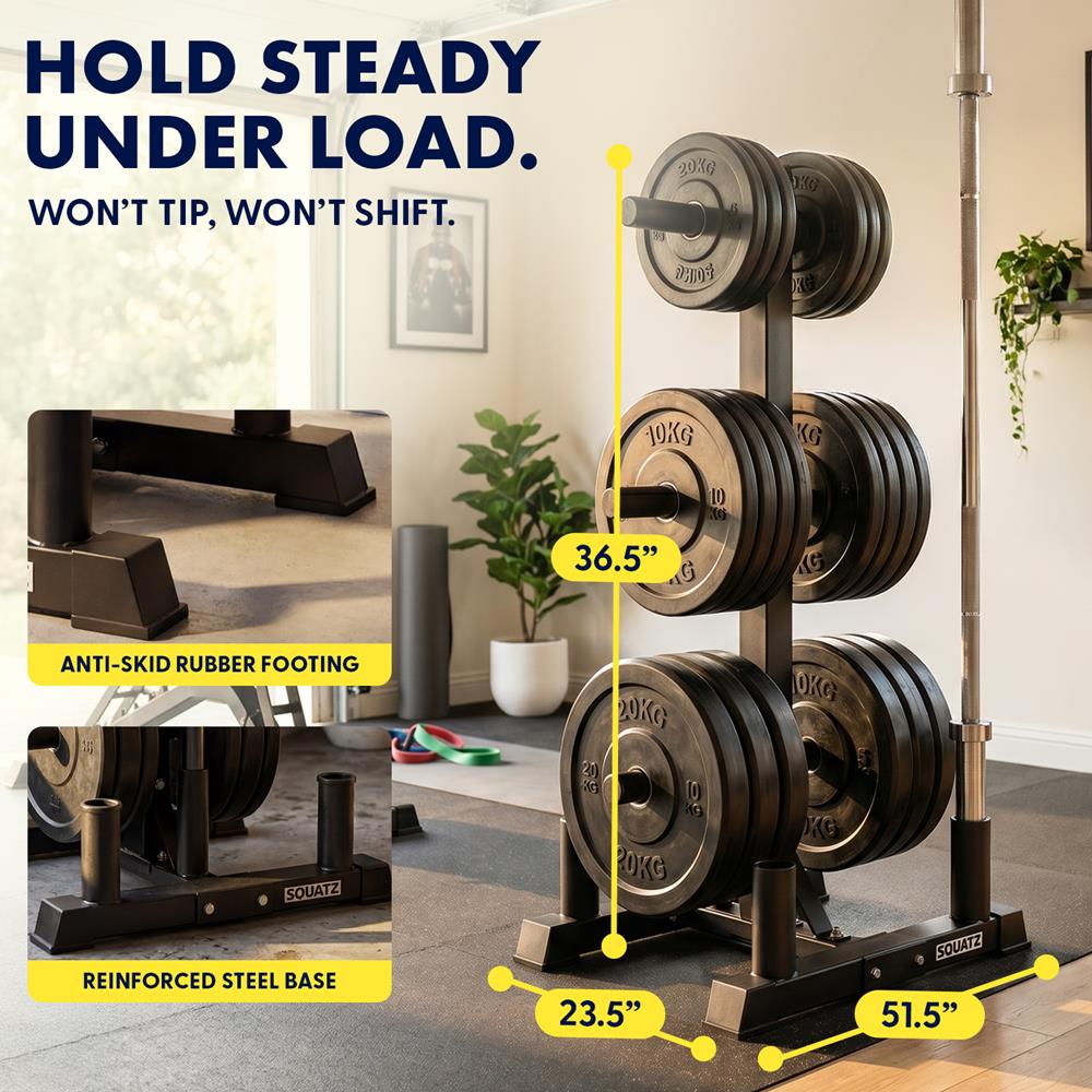 Squatz 6-Peg Olympic Weight Plate Rack - Space-Saving Vertical Weight Plate Tree Storage Organizer, Holds Standard 2-Inch Weight Plates, Includes Olympic Barbell Holders