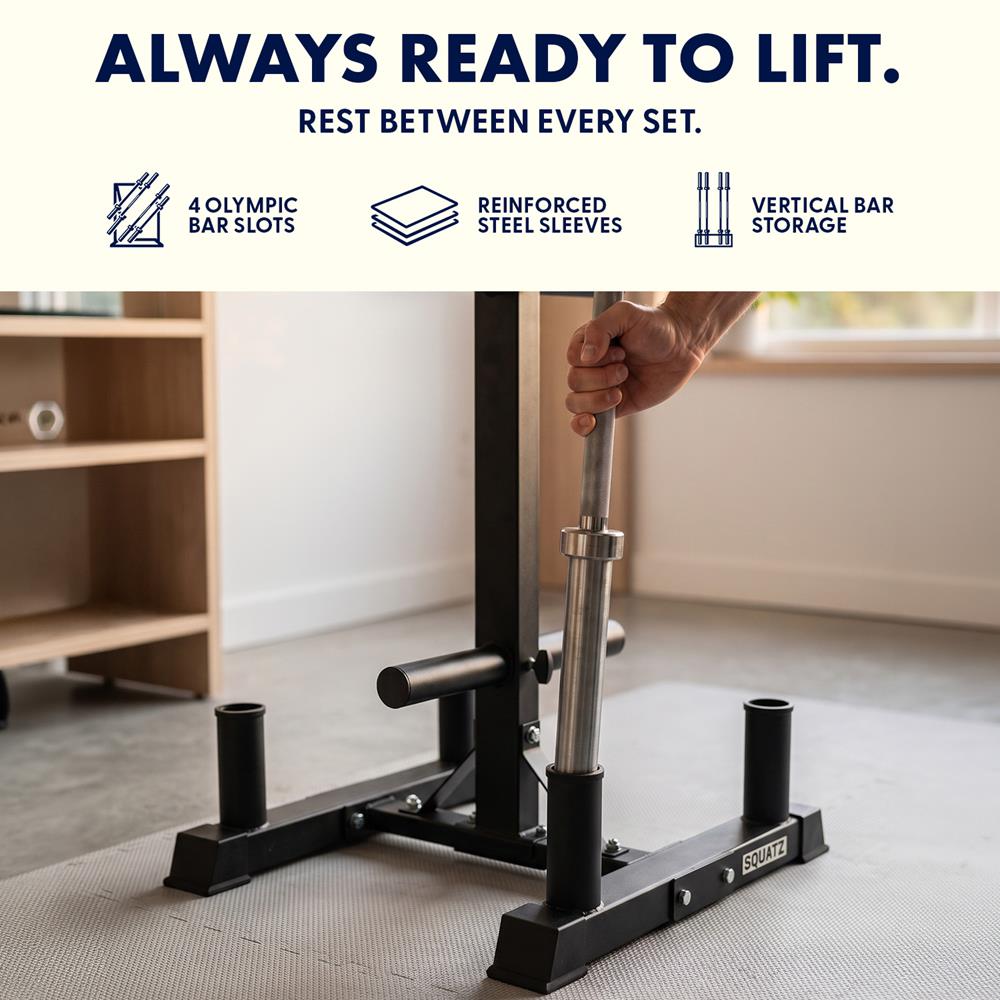 Squatz 6-Peg Olympic Weight Plate Rack - Space-Saving Vertical Weight Plate Tree Storage Organizer, Holds Standard 2-Inch Weight Plates, Includes Olympic Barbell Holders