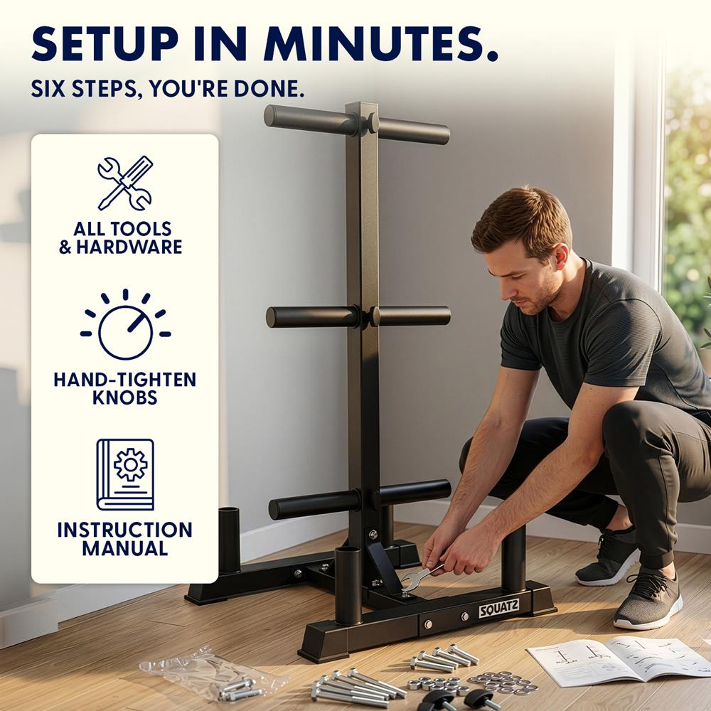 Squatz 6-Peg Olympic Weight Plate Rack - Space-Saving Vertical Weight Plate Tree Storage Organizer, Holds Standard 2-Inch Weight Plates, Includes Olympic Barbell Holders