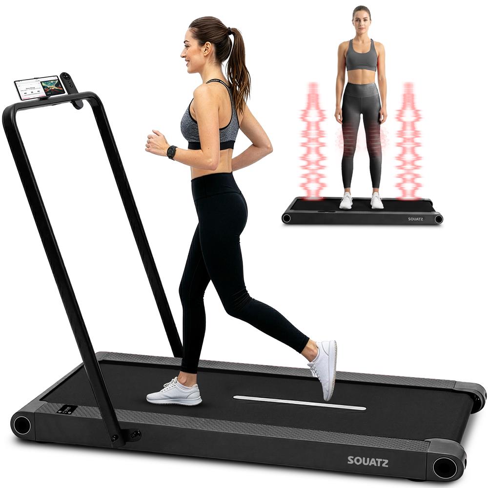 Squatz 2-In-1 Walking Pad With Vibration Plates And Handle Bar – Compact Treadmill With 1.0Hp Motor, Large Walking Surface, Led Display, Device Holder, And Remote Control (Black)