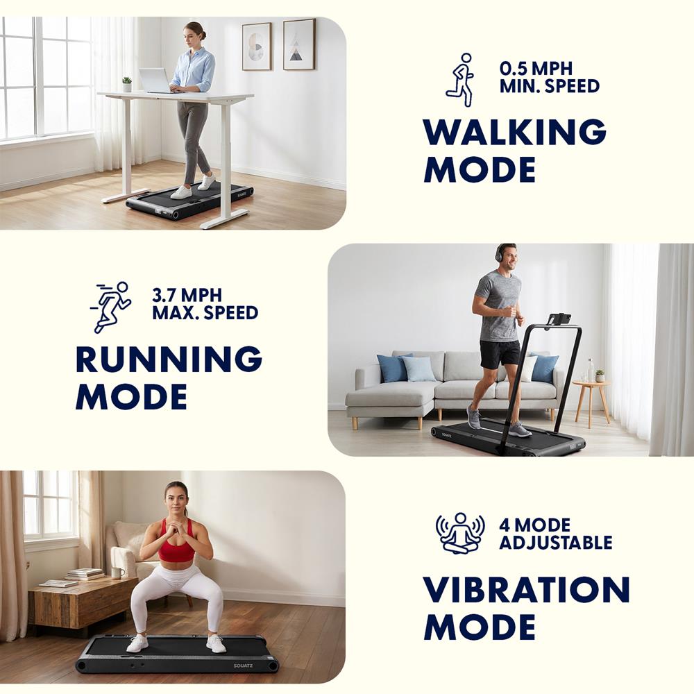 Squatz 2-In-1 Walking Pad With Vibration Plates And Handle Bar – Compact Treadmill With 1.0Hp Motor, Large Walking Surface, Led Display, Device Holder, And Remote Control (Black)