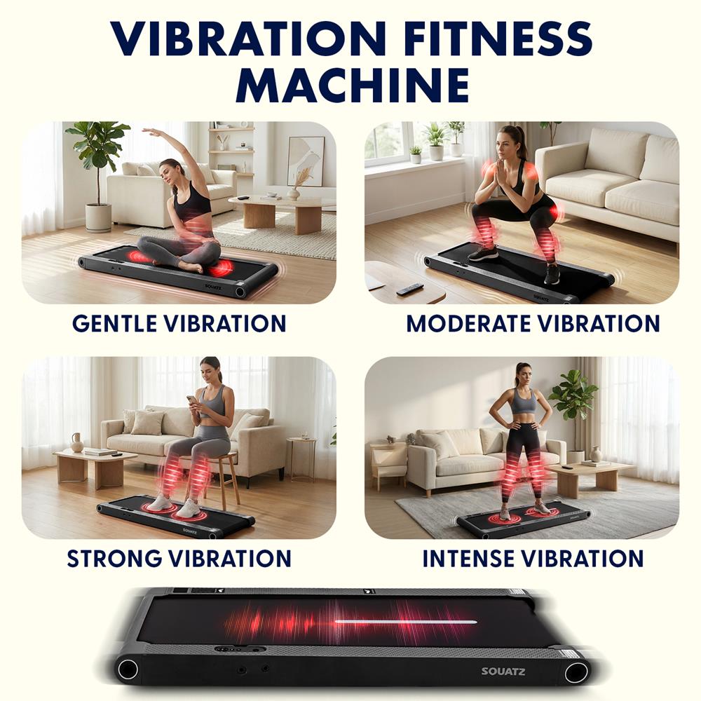 Squatz 2-In-1 Walking Pad With Vibration Plates And Handle Bar – Compact Treadmill With 1.0Hp Motor, Large Walking Surface, Led Display, Device Holder, And Remote Control (Black)